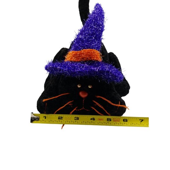Halloween Black Cat Plush With Purple & Orange Witch Hat Posable Tail - Picture 10 of 16